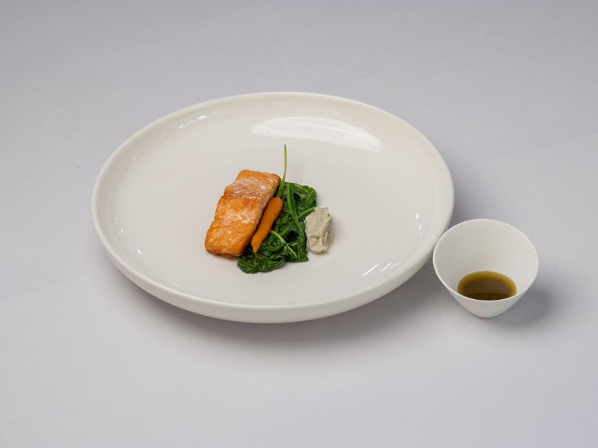Elegant gourmet salmon dish served with spinach and sauce, perfect for a fine dining experience.