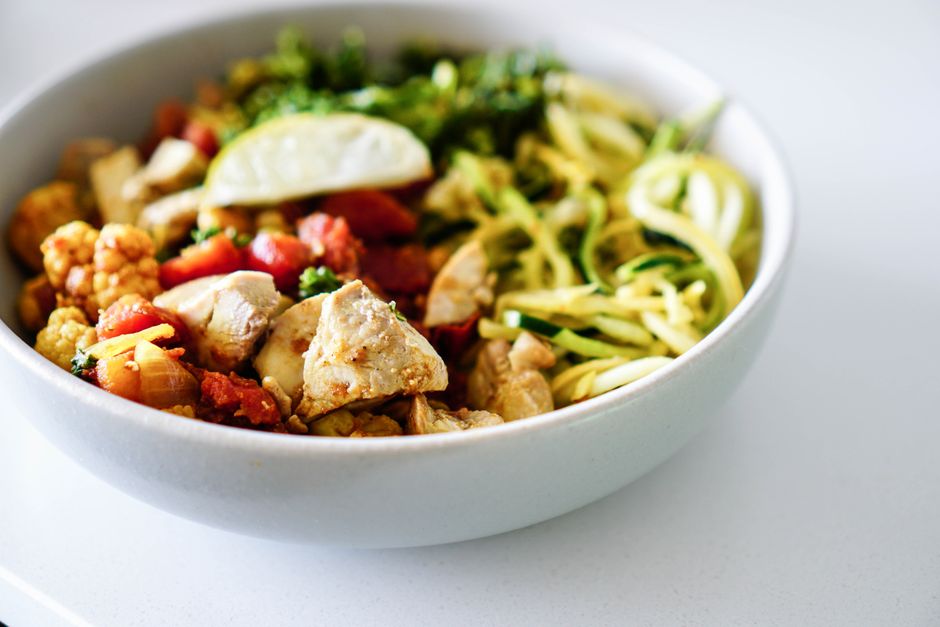 Close-up of a nutritious bowl with chicken, zucchini noodles, and vegetables.